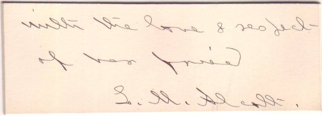 ALCOTT, LOUISA MAY. Autograph Inscription Signed, on a small card: